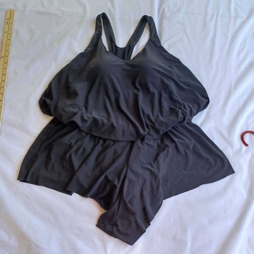 Aqua Green Swimsuit One Piece Racerback Flowey Bottom Black 16W